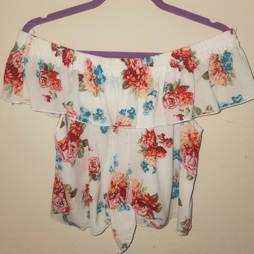 Floral white off shoulder flounce shirt with tie size XL extra large
